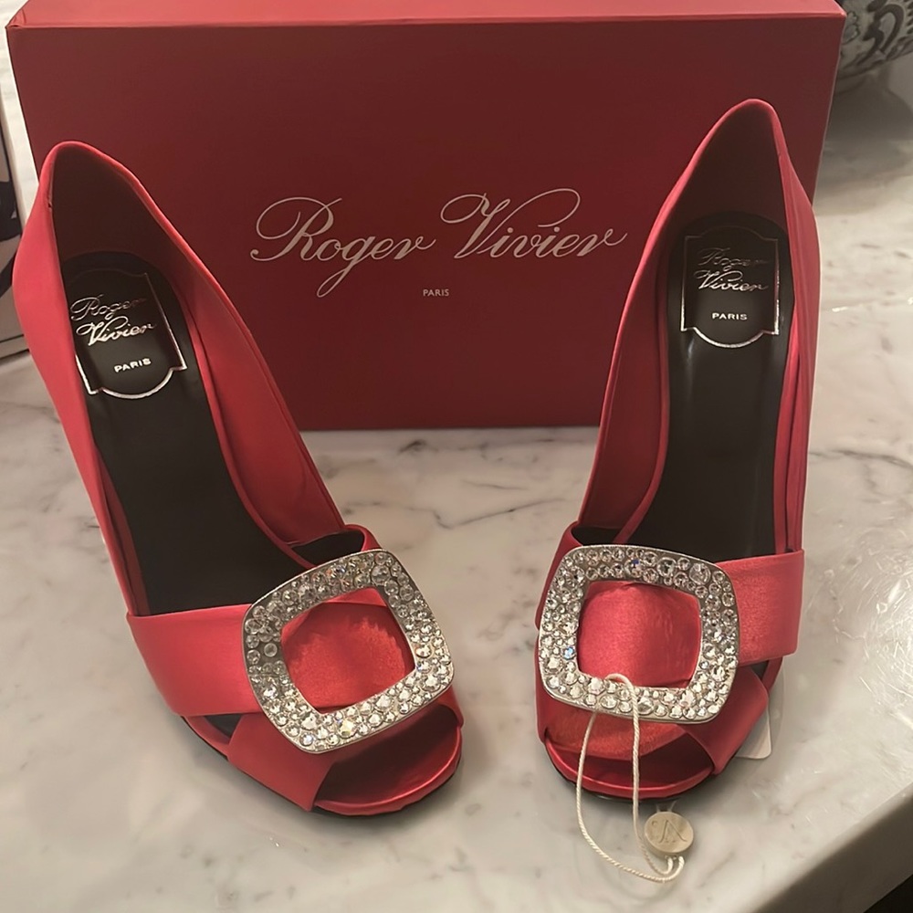 Roger Vivier open toe Gigi strass pumps with rhinestone buckle.